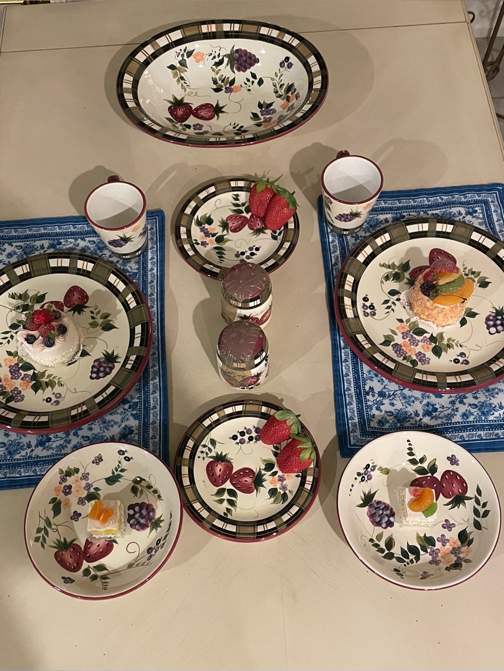 Fruit & Floral Ceramic Dinnerware Set in Cream and Red Accents / 35 pieces total